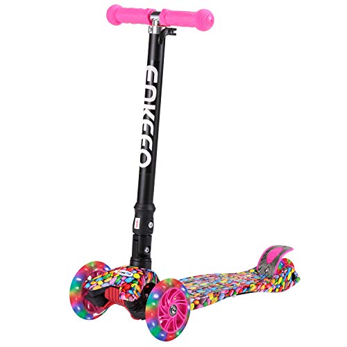 ENKEEO Kick Scooter for Kids with LED Flashing Wheels, Lean to Steer, with 3-level Height Adjustable Handlebar and Extra Wide Deck, Fun Outdoor Toy for Children from 3 to 11 Years Old (Candy)