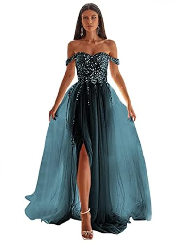 Miao Duo Long Off The Shoulder Prom Dresses for Women Glitter Beaded Tulle Formal  Evening Ball Gowns with Slit Teal 16 in Kenya | Whizz