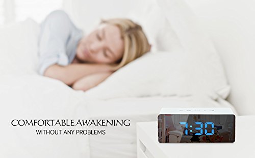 Shayson Digital Alarm Clock, LED Display Clock Best Makeup Bedroom Mirror Travel Alarm Office Bedroom Clock, Dual Alarm With Snooze, Dimmer Control, Support Battery Powered And With Usb Port-Blue