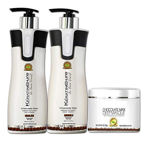 Keratin Cure SULFATE FREE- Chocolate Brazilian Shampoo,Conditioner, Deep Masque with Aloe Daily Use Promote hair growth decrease hair loss (460ml/ 15 fl oz)