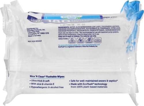 NICE ‘N CLEAN ADULT FLUSHABLE WIPES (3 X 60 COUNT) | PERSONAL CLEANSING WIPES MADE FROM PLANT-BASED FIBERS | INFUSED WITH ALOE & VITAMIN E