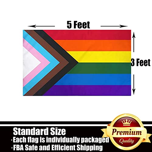 Progress Pride Rainbow Flag 3x5 Outdoor-Sewn Stripes LGBTQ Gay Lesbian Bisexual Transgender All Inlcusive Progressive Pride Rainbow Flag Vivid Color Polyester Flags with 2 Brass Grommets