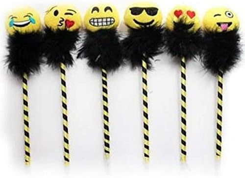 6 Emoji Fluffy Designs Pens Kids Party Bag Birthday Fillers - Ideal Birthday Funny Face Stationery Boys Girls