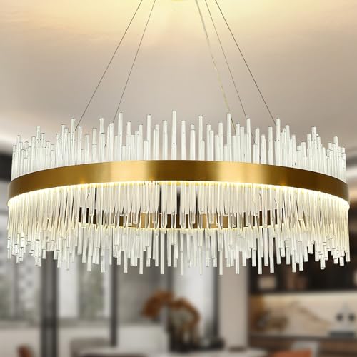 Modern Gold Crystal Chandelier Pendant Light, Dimmable Luxury Crystal Round Lamp, for Living Room, Dining Room, Bedroom, Restaurant, Φ80cm