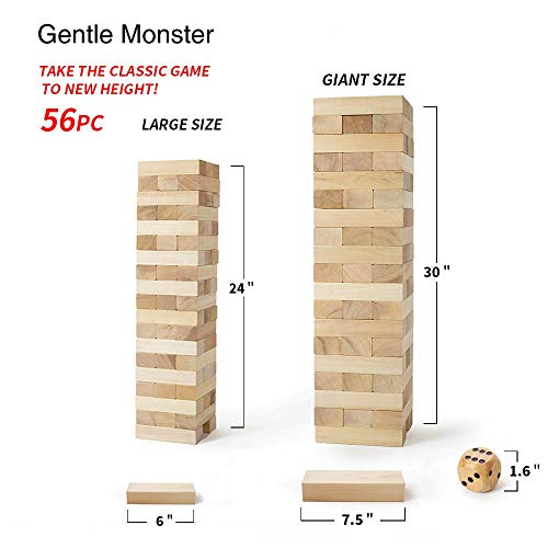 Giant Tumbling Timbers, Gentle Monster Wooden Toppling Tower, Classic Outdoor Games Stacking Toys for Adult Kids Family, Jumbo Hardwood Blocks Lawn Games 56Pcs 5 Feet