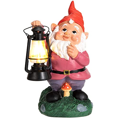 Garden Gnome Decor Outdoor Statues - Gnome Statue Holding Vintage Lantern Solar Powered Funny Outdoor Figurine Lights for Patio Yard Decorations