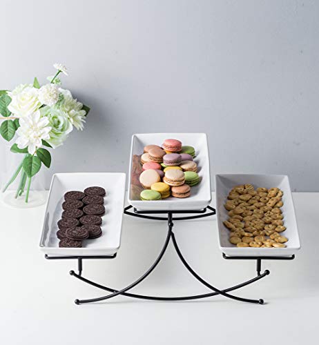 3 Tier Serving Stand Collapsible Tiered Serving Stand with 3 Porcelian Seving Platter for Food Display Cake Dessert Buffet Server 14-inch