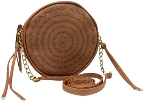 Faux Leather Boho Circle Crossbody Bag, Round Embroidered Hippie Purse w/ Chain Strap (Brown)