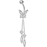 Pierced Owl 14GA 316L Stainless Steel CZ Crystal Butterfly with Double Dangling Marquise Belly Button Ring