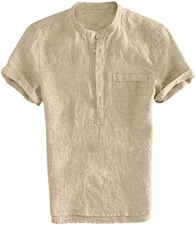 Mens Linen Shirts Short Sleeve Beach Henley T Shirt, Summer Button Up Tops Cotton Lightweight Tees Plain Blouses