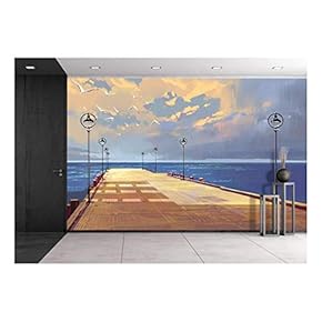 Bridge to The Sea Against Beautiful Sky,Illustration Painting - Removable Wall Mural | Self-Adhesive Large Wallpaper - 66x96 inches