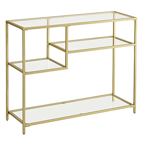 VASAGLE Konsolentisch, Flurtisch, Beistelltisch, aus Hartglas, Metallgestell, mit Ablagen, 3 Ebenen(35T x 100W cm) , modern, für Flur, Wohnzimmer, Gol
