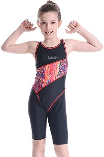 Peacoco Girls' Solid Splice Athletic One-Piece Swimsuits Racerback Competitive Legsuit