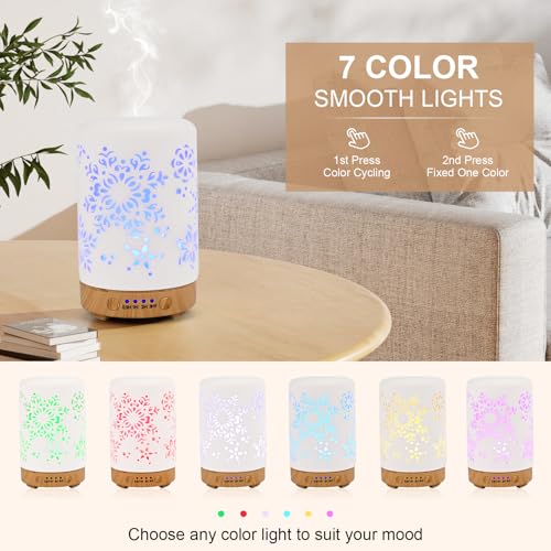 GuKKK Ceramic Essential Oil Diffuser Humidifier, 100 ml Silent Ultrasonic Aromatherapy Humidifier, with Timers and 7 LED Colours, for Home Office Bedroom