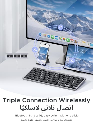 UGREEN Slim Silent Wireless Keyboard, Bluetooth5.3+2.4G, Long Battery Life, 78-Key Compact Portable Keyboard, 4°-9° Adjustable Stand, for office/home/travel, for Mac, iPad, Windows, Android