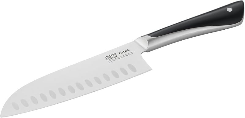 Jamie Oliver by K26715 - Cuchillo Santoku (16,5 cm, alto rendimiento de corte, diseño distintivo, cuchillas resistentes y duraderas, acero inoxidable), color negro