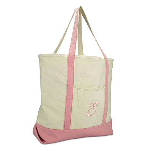 DALIX Personalized Shopping Tote Bag Monogram Pink Ballent Zippered Letter- E