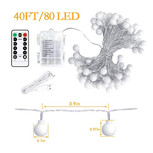 45 ft 80 LED Globe Fairy Lights with 8 modes Remote Control, Battery Powered OR USB Charge Ball String Lights,Waterproof Bulb Fairy Lights for Home,Party,Christmas and Halloween.(Multi-color)