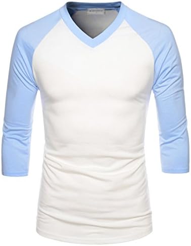 Showblanc (SBNKR7T621) 3/4 Raglan Sleeve Fitted Slim Cut V-Neck Unisex Tshirts WHITESKYBLUE US XXS(Tag size XS)