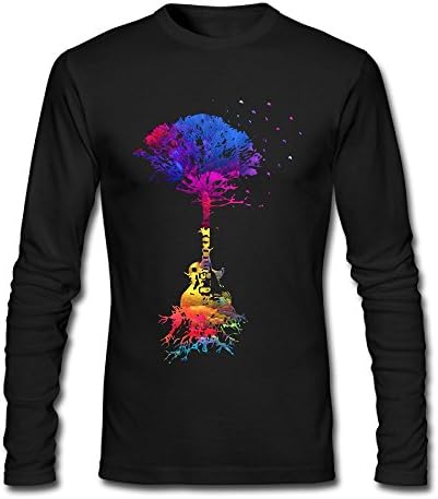 QEDS Guitar Tree Music Men Long Sleeve Round Neck Cotton T-Shirt Top Christmas Gift XL