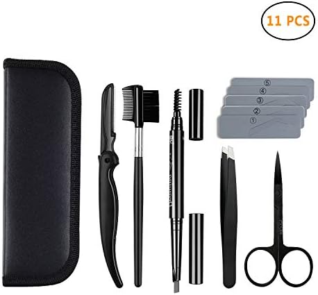 Eyebrow Grooming Set, PISKY Eyebrow Razors Tweezers for Men 11 pcs Professional Eyebrow Shaper Pencil Brush Scissors Comb Travel Set Stainless Steel for Girl Women Men Christmas New Year Gift