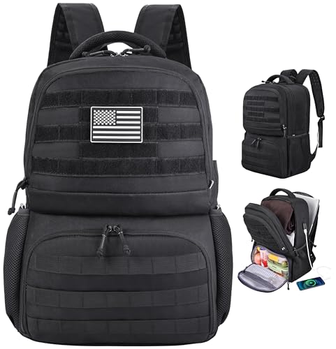 MOZETO Laptop Lunch Backpack for Men, Tactical Inspired Utility Anti-Theft Work Bag with Cooler Compartment Lunchbox (Black, 17 Inch)
