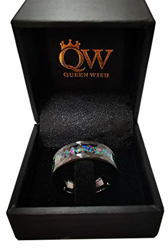 Queenwish 8mm Black Hammered Tungsten Wedding Band Engagement Wedding Rings for Women and Men with Galaxy Series Colorful Opal Inlay Promise Ring Gifts with Jewelry Box Size 6