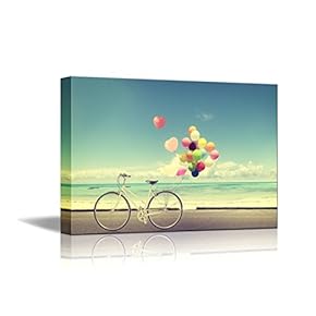 Bicycle Vintage with Heart Balloon On Beach Blue Sky Canvas Print Wall Art Ready to Hang - 24" x 36" inches