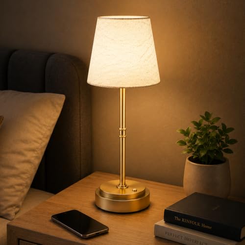 Rechargeable Table Lamp, 6000mAh Cordless Bedside Lamp, Gold, 3000K | Moves From Bedside to Side Table, 12-36H Runtime, 5%-100% Touch Dimming, Soft Linen Glow, 40.6 cm High