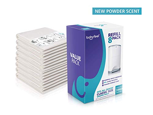 Dekor Classic Refills by Babyfeel | 8 Pack | Extra Value | Exclusive 30% Extra Thickness | Powder Scent | Fits Dekor Classic Size Diaper Pails | Powerful Odor Elimination | Holds up to 3960 Diapers