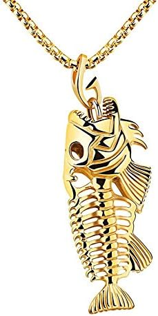 Necklace Clearance !!! Simayixx Men Fashion Necklaces Stainless Steel Plated Fishing Skeleton Fish Bone Pendant Necklace (Gold)