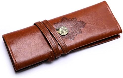 Outreo Vintage Pencil Case Leather Rollup Pen Pouch Portable PU Makeup Bag Retro School College Multiple Pocket for Travel Accessory