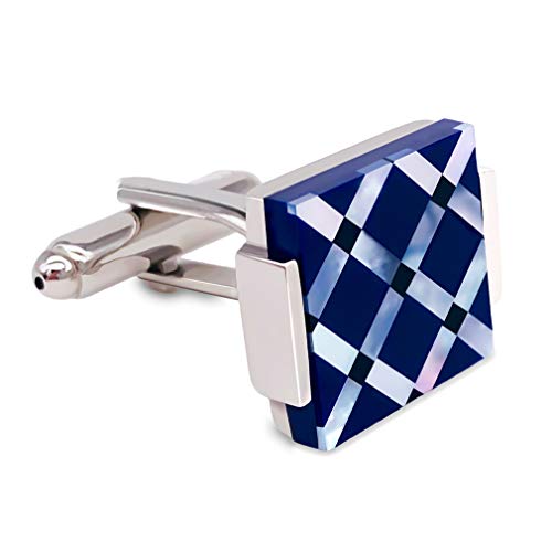 VIILOCK Mother Pearl & Onyx Stripe Tuxedo Cufflinks in a Gift Bag Wedding Cuff Links (Blue)
