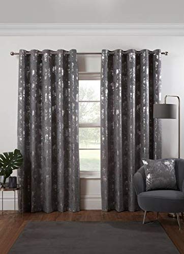 Osaka Japanese Eyelet Curtains 46 x 54 Silver Lined Metallic Velvet Trees