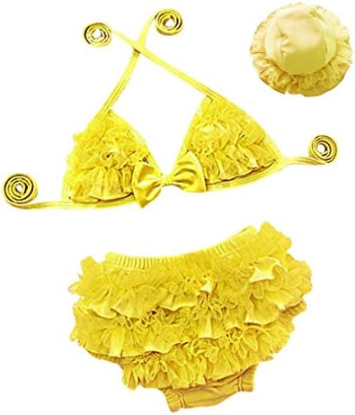 Shero Girls Swimwear 3 Pcs Lace Flower Bra+Bikinis+Hat Swimsuit Yellow 1 Years