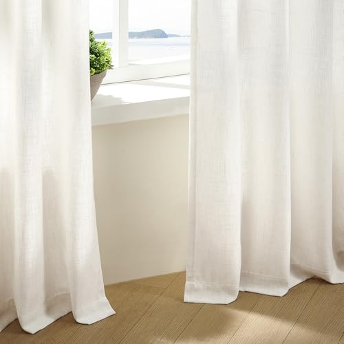 Natural Pinch Pleated Linen Curtains 84 Inch Length 2 Panels for Living Room Bedroom Textured Cream Ivory Birch Semi Sheer Boho Neutral Back Tab Pinch Pleat Hooks Rings Window Curtain 84 Inches Long