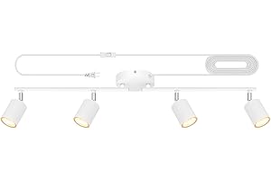 AUQUEE Track Lighting Plug in, LED Track Lighting Fixtures Ceiling Kit, White 4-Light Ceiling Light Plug-in, Wall Light with 14.8ft Power Cord, Rotatable Kitchen Spotlight for Bedroom(GU10 Socket, NO Bulb)