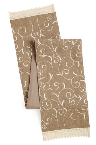 COTTON CRAFT Abigail Embroidered Scroll with Lace Fringe Jute Table Runner, 13 x 90 inch, Natural and Ivory