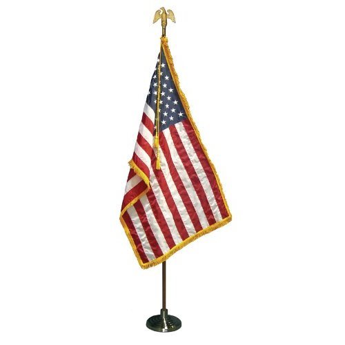 7 FT Presidential Deluxe U.S. Indoor Flag Pole Set With 3x5 FT Gold Fringed Flag, Eagle, Gold Base, Premium Oak Pole and Tassel