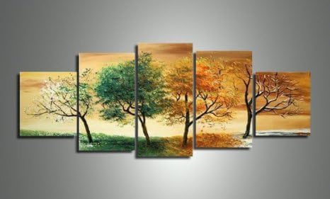 HZSM Art - 100% Hand Painted Four Seasons Trees 5 Pieces Abstract Oil Painting Wall Art for Living Room Home Decor, Ready to Hang - (16"x20" x 2 Panels, 12"x32" x 2 Panels, 12"x40" x 1 Panel)