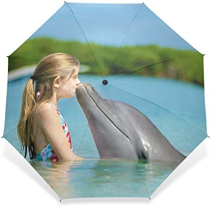 Littleli Girl and Dolphin Pattern 100% Fabric and Aluminium Foldable High-quality Umbrella (41 Inch)