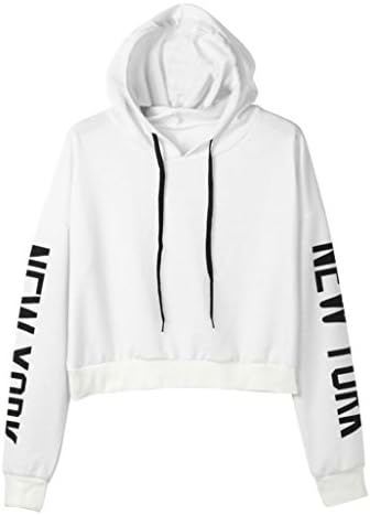 Anxinke Women's Loose Letters Print Long Sleeve Jumper Pullover Hooded Sweatshirts Crop Tops (White, S)