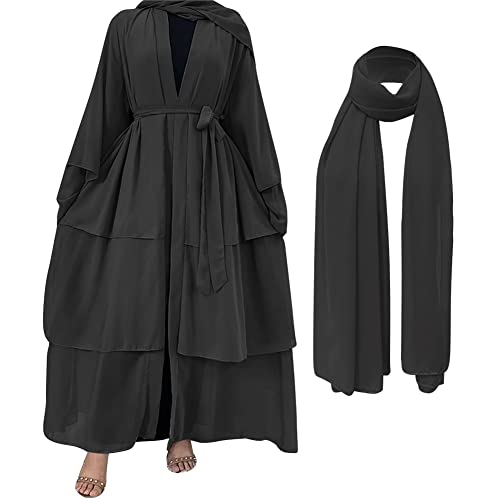 Muslim Chiffon Abaya for Women Open Front Cardigan Dress with Hijab Scarf Dubai Middle East Arabian Robe Islamic Full Length Dress Solid Loose Long Cardigan Kaftan Dresses Black Medium at Amazon