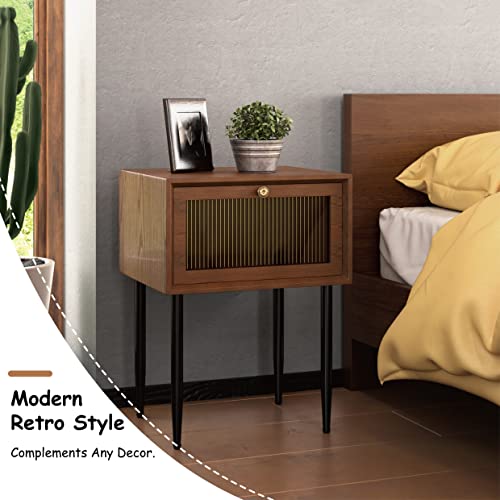 COZAYH Mid Century Modern Nightstand with Drawer Walnut Wood Grain