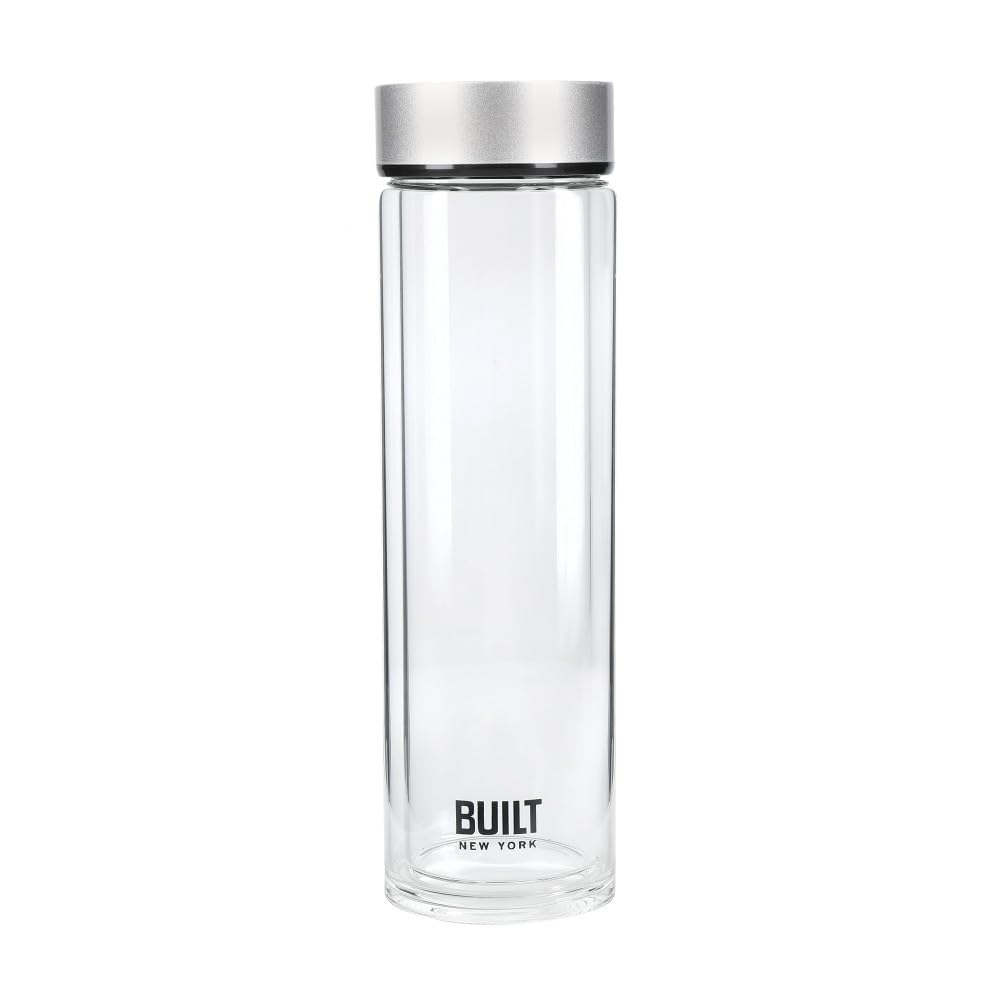 Built Tiempo Insulated Glass Water Bottle, BPA Free Borosilicate Glass / Stainless Steel Flask, Silver, 450ml