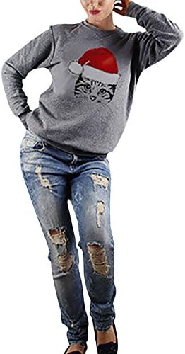 Xander Women Christmas Cat Long Sleeve Blouse Shirt Christmas Print Loose Fit Sweater (S, Gray)