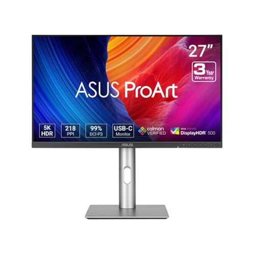 ASUS ProArt PA27JCV Display 27", 5K Ultra HD IPS (5120x2880), HDMI, DisplayPort, Hub USB, Accuratezza del Colore ΔE < 2, 100% sRGB, Nero e Argento