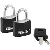Master Lock Black Outdoor Key Lock, Standard Weather Resistant Padlock with Cover, Keyed Alike Padlocks for Lockers, Fences, Sheds, or Other Equipment, 2 Pack, 131T