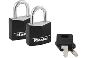 Master Lock Black Outdoor Key Lock, Standard Weather Resistant Padlock with Cover, Keyed Alike Padlocks for Lockers, Fences, Sheds, or Other Equipment, 2 Pack, 131T