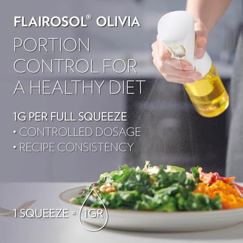 FLAIROSOL OLIVIA. The Original Advanced Oil Sprayer for Cooking, Salads, BBQs and More, Continuous Spray with Portion Control, Trusted by Chefs. Patented Technology. (Glass Bottle) (Golden Leaves)